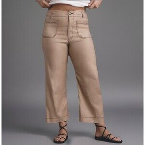 Maeve Anthropologie Colette Contrast-Stitch Linen Crop Wide-Leg Pants 32T Khaki